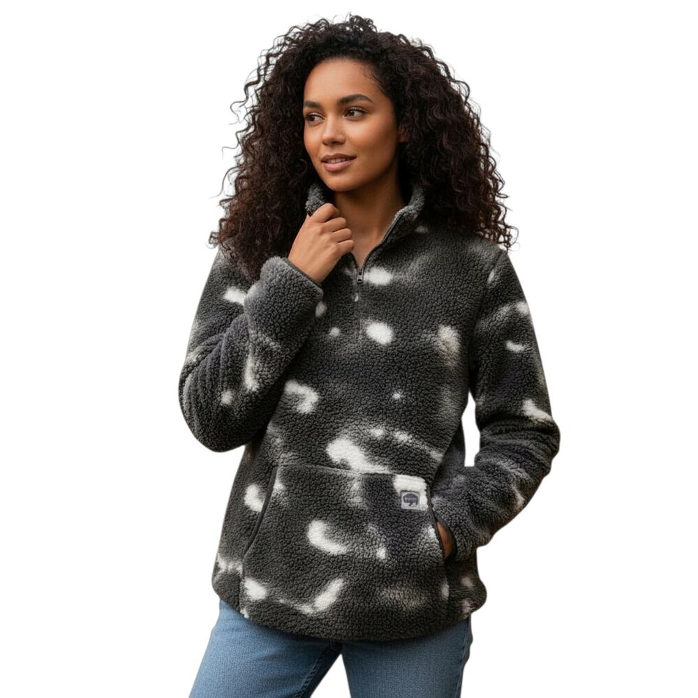 Buffalo Outdoors Sherpa Fleece Jacket Womens Large Gray Tie Dye Cozy Sweater